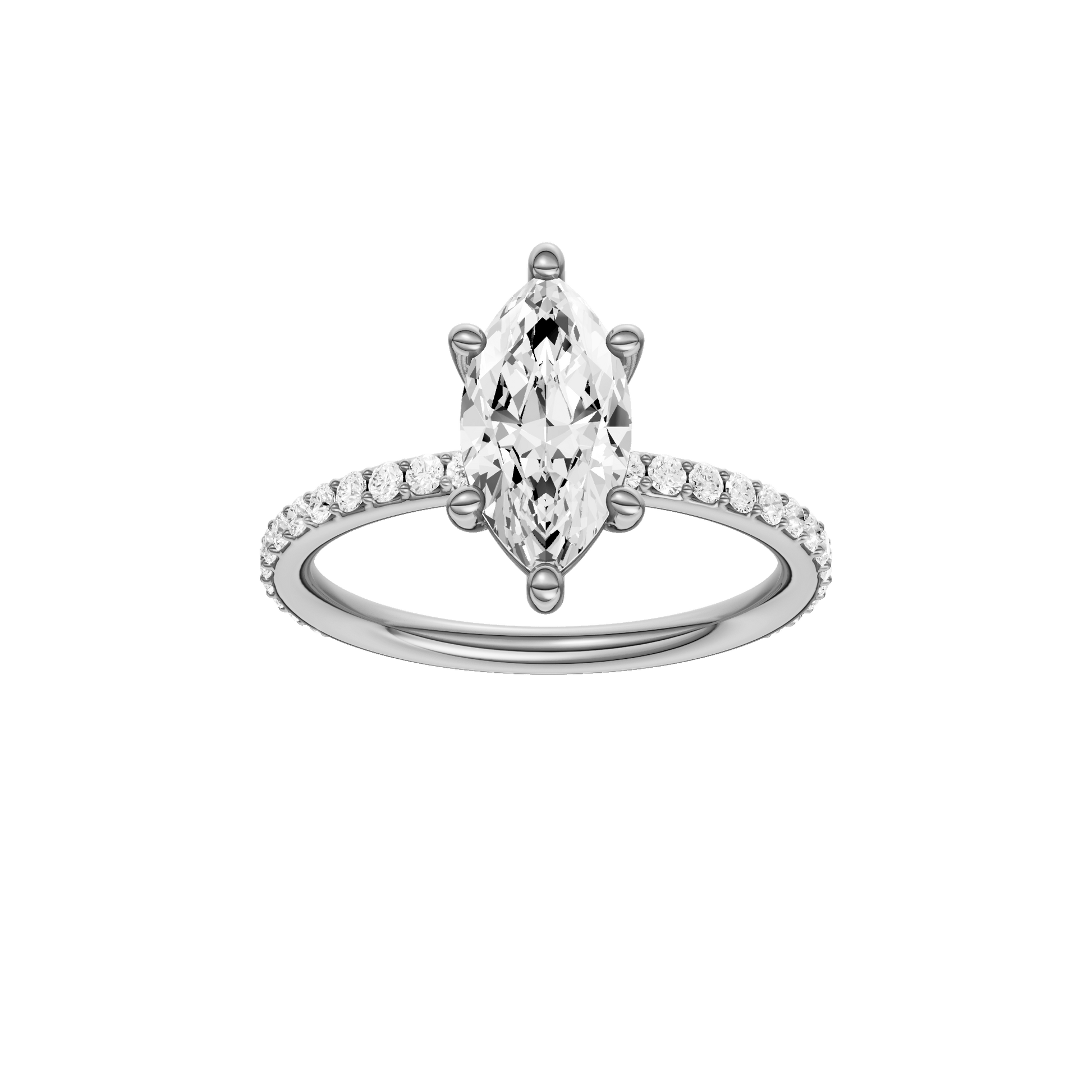 Marquise-cut diamond engagement ring with a prong-set diamond band and solitaire setting.