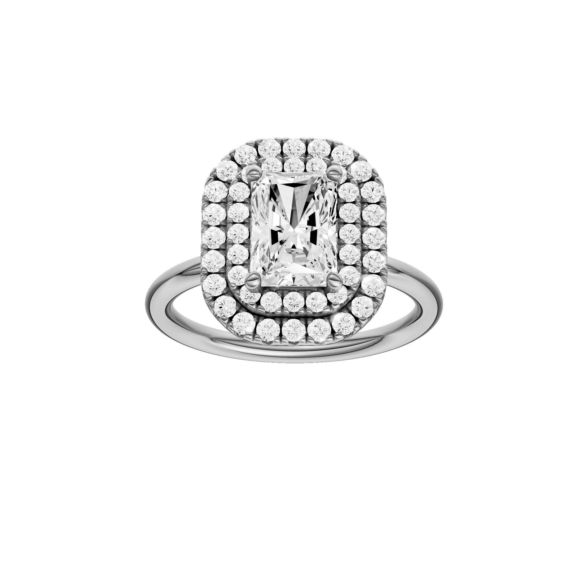 Radiant-cut diamond engagement ring with a plain band and double-halo setting.