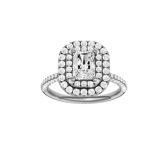Radiant-cut diamond engagement ring with a pavé-set diamond band and double-halo setting.