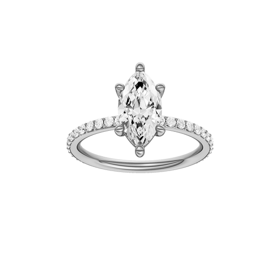 Marquise-cut diamond engagement ring with a prong-set diamond band and solitaire setting.