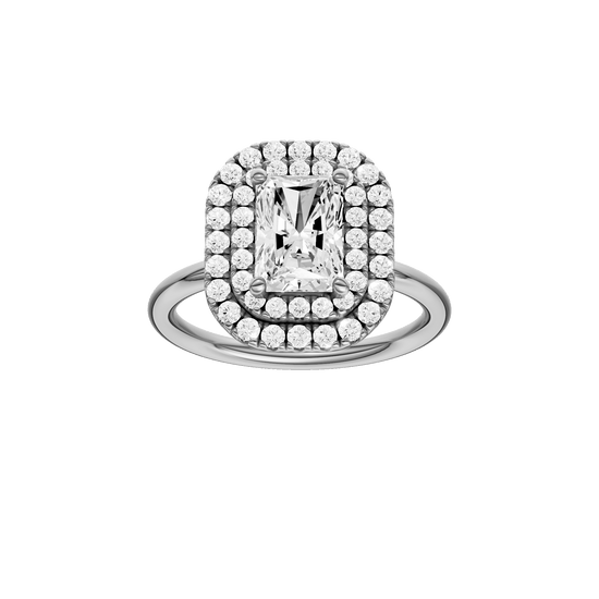 Radiant-cut diamond engagement ring with a plain band and double-halo setting.