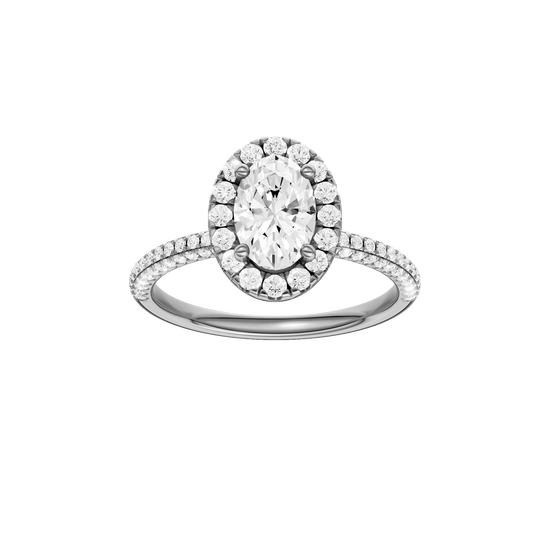 Oval-cut diamond engagement ring with a pavé-set diamond band and halo setting.