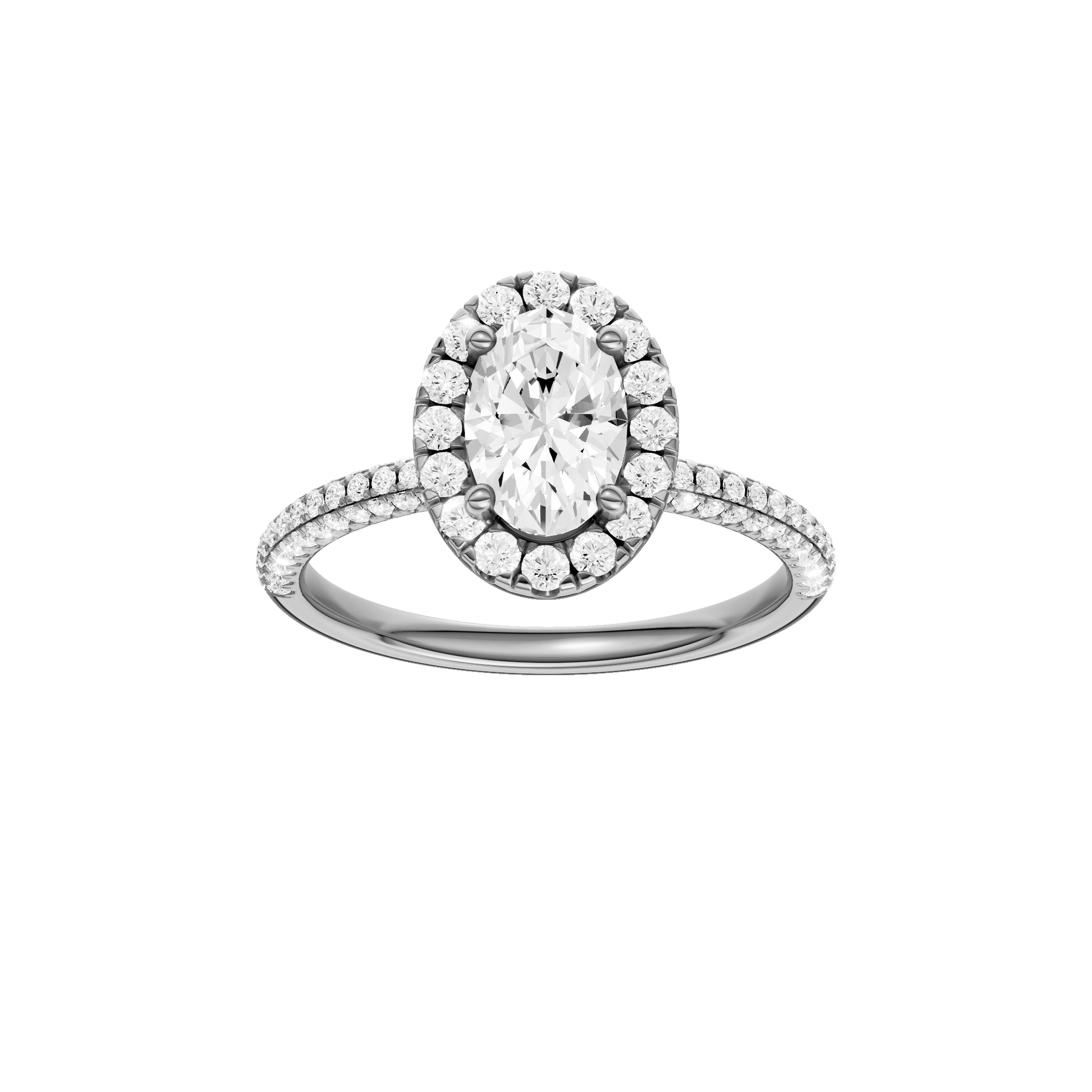 Oval-cut diamond engagement ring with a pavé-set diamond band and halo setting.