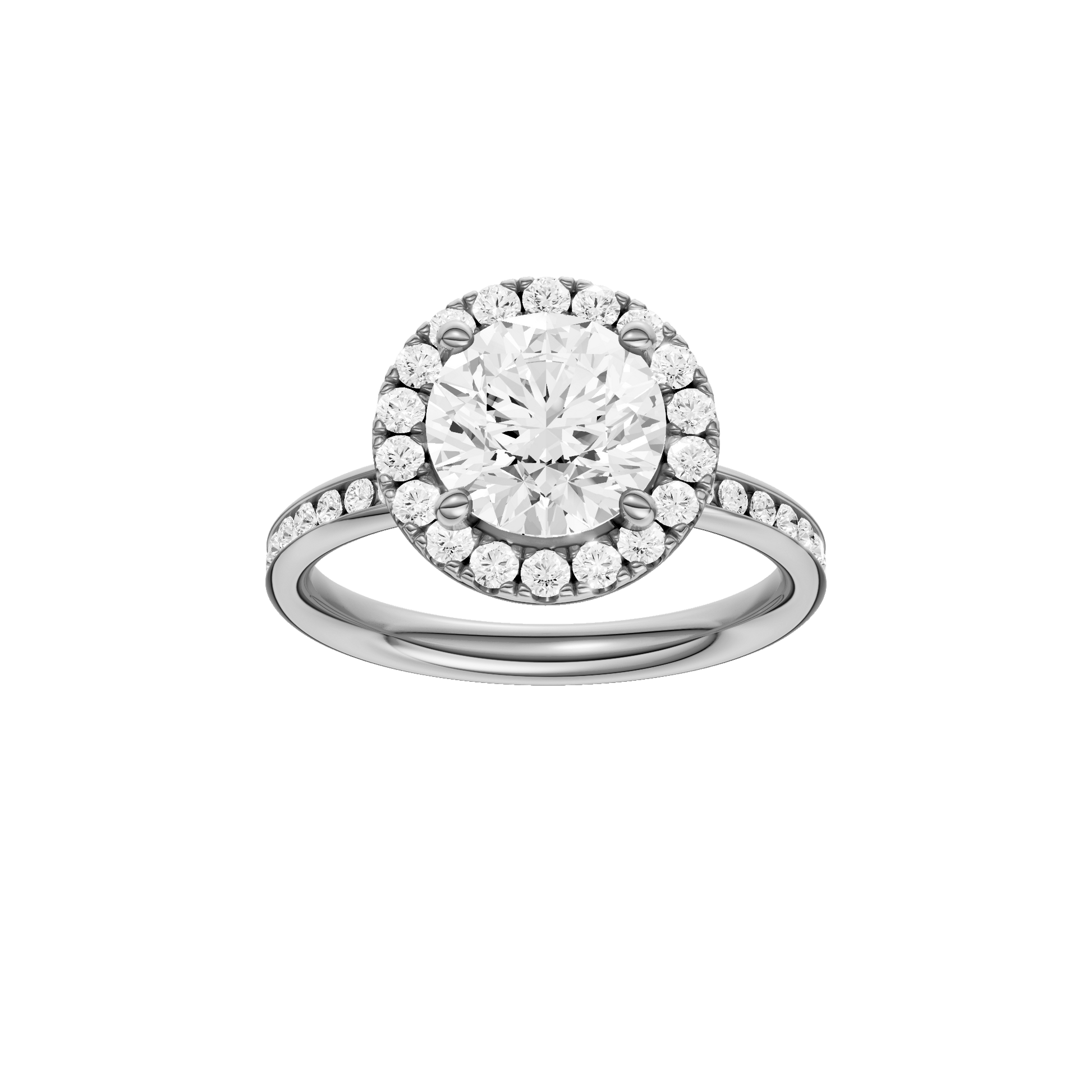 Round-cut diamond engagement ring with a channel-set diamond band and halo setting.