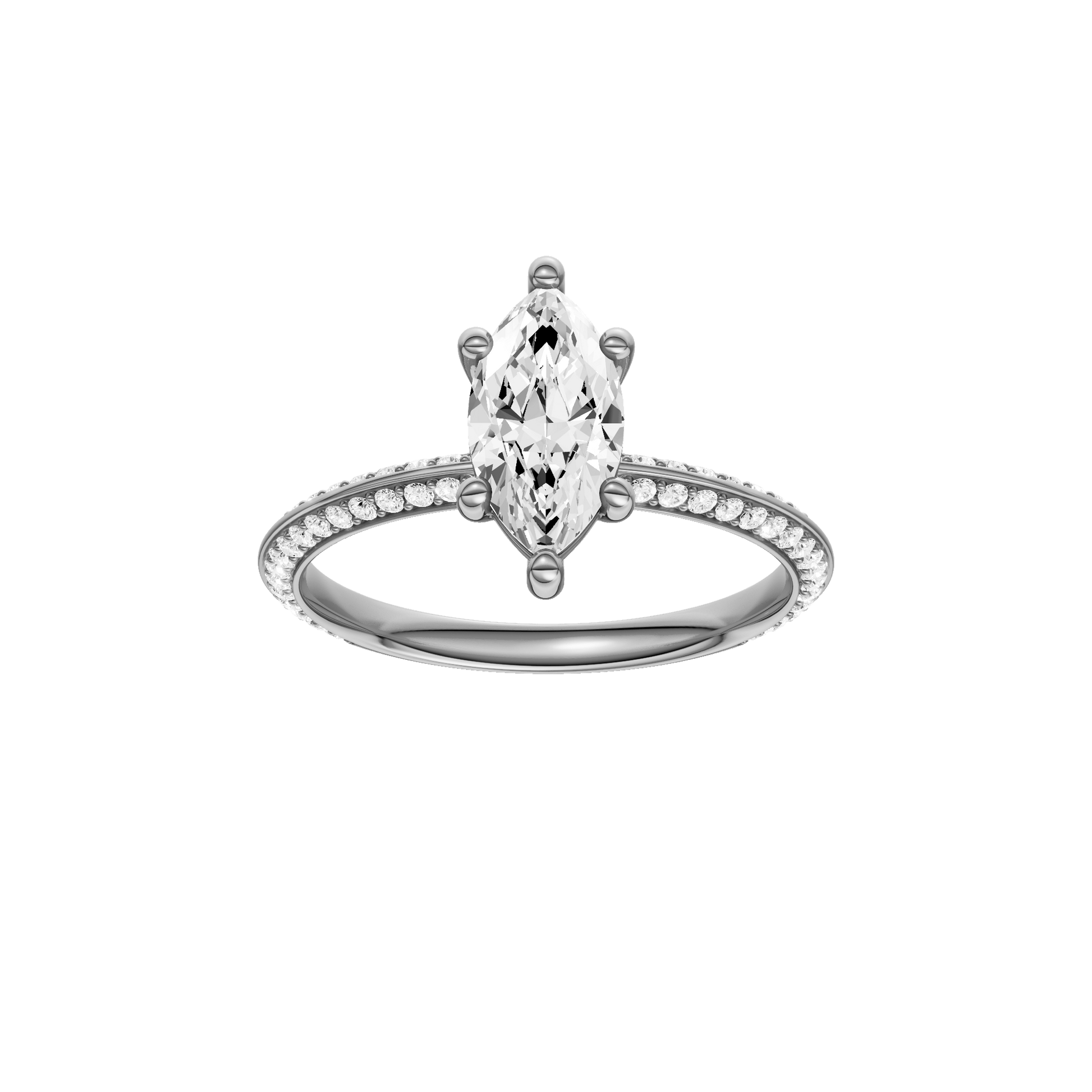 Marquise-cut diamond engagement ring with a prong-set diamond band and solitaire setting.