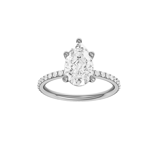 Pear-cut diamond engagement ring with a prong-set diamond band and solitaire setting.