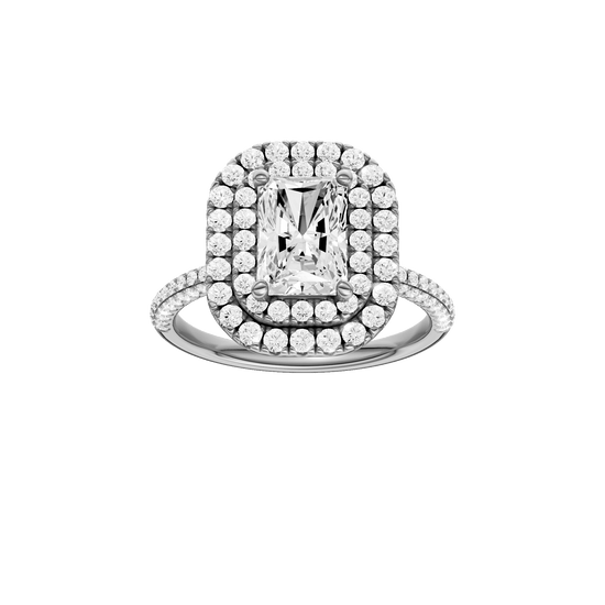 Radiant-cut diamond engagement ring with a pavé-set diamond band and double-halo setting.
