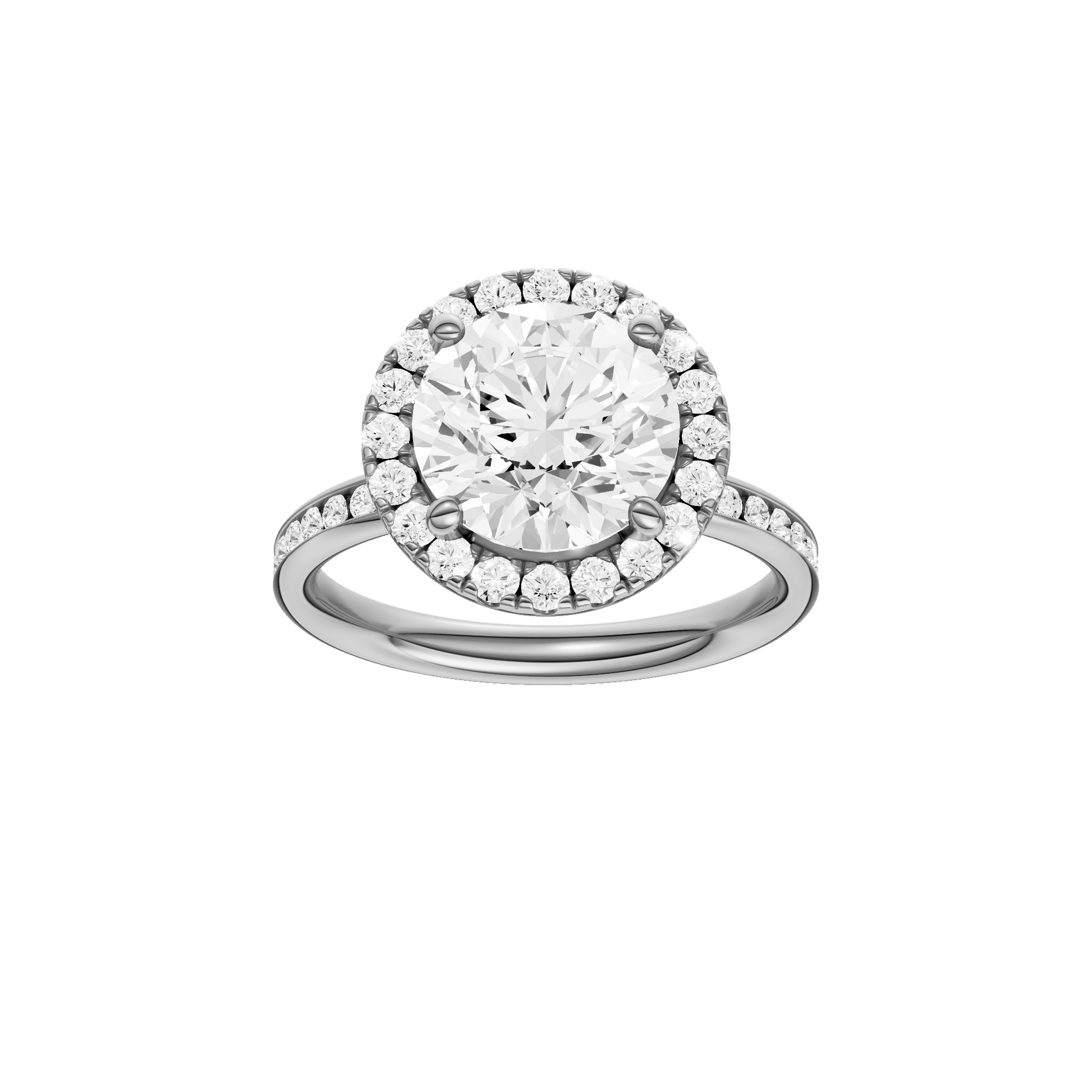 Round-cut diamond engagement ring with a channel-set diamond band and halo setting.