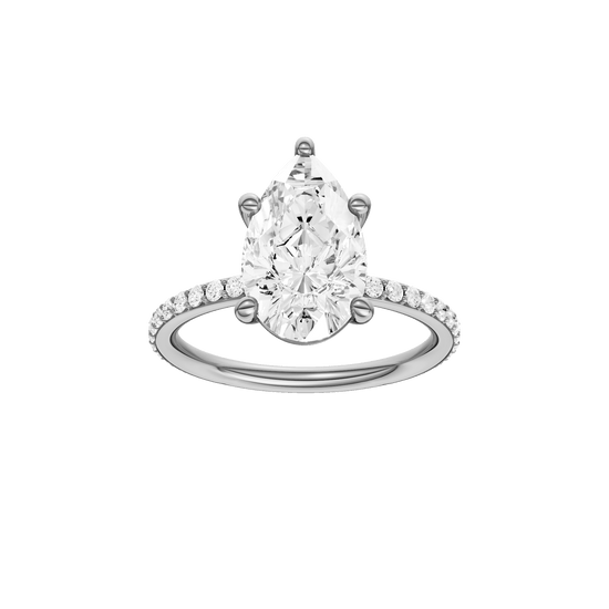 Pear-cut diamond engagement ring with a prong-set diamond band and solitaire setting.
