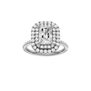 Radiant-cut diamond engagement ring with a pavé-set diamond band and double-halo setting.