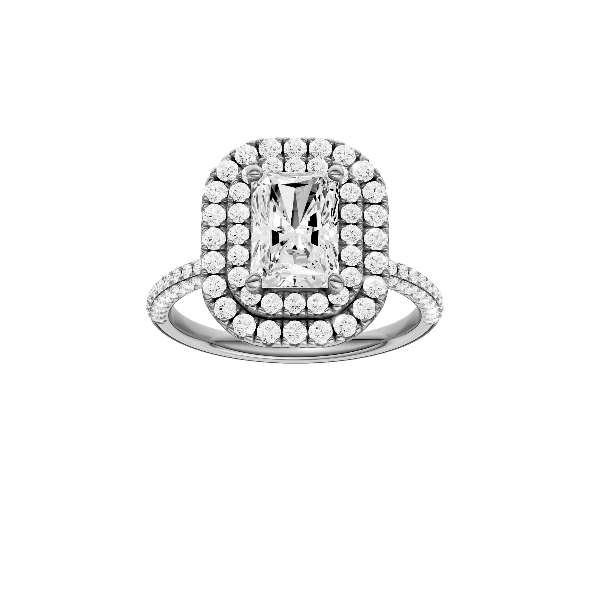 Radiant-cut diamond engagement ring with a pavé-set diamond band and double-halo setting.