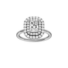 Radiant-cut diamond engagement ring with a plain band and double-halo setting.