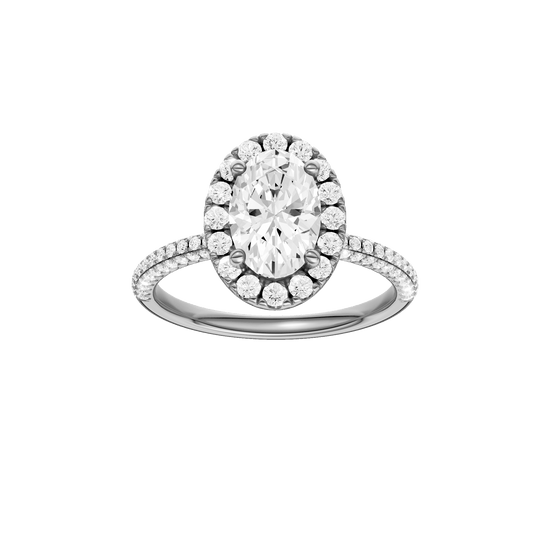 Oval-cut diamond engagement ring with a pavé-set diamond band and halo setting.