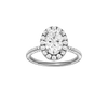 Oval-cut diamond engagement ring with a pavé-set diamond band and halo setting.