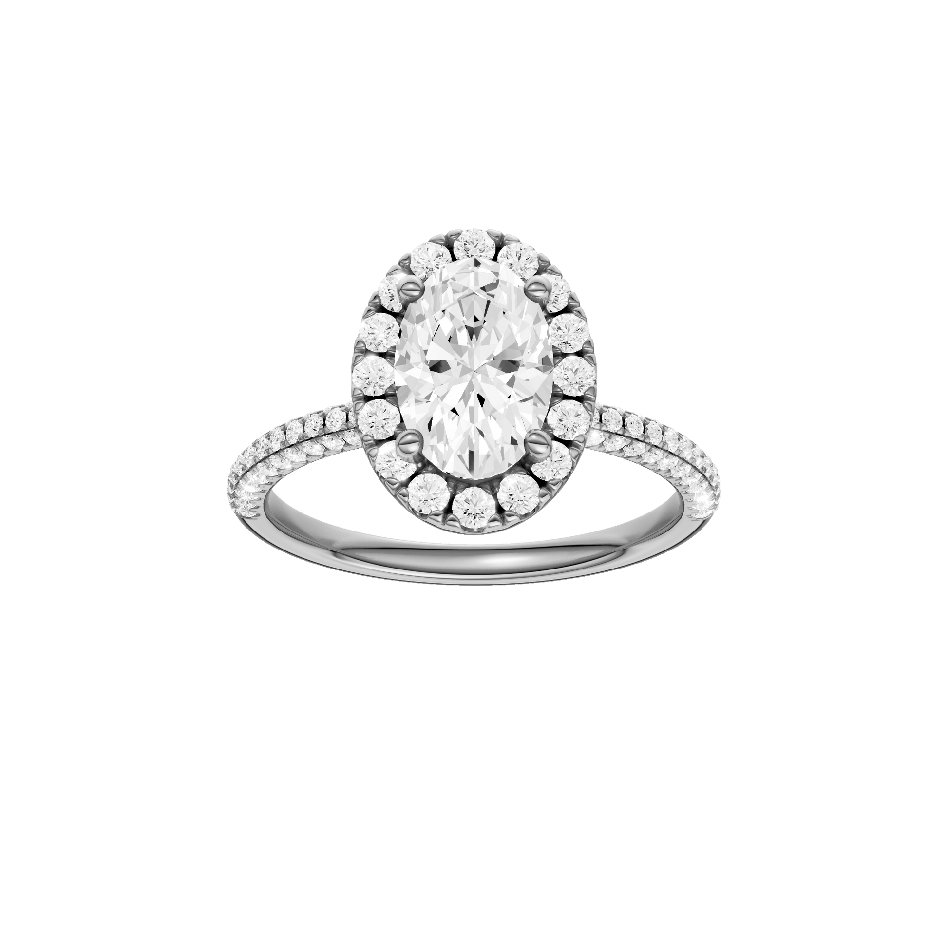 Oval-cut diamond engagement ring with a pavé-set diamond band and halo setting.