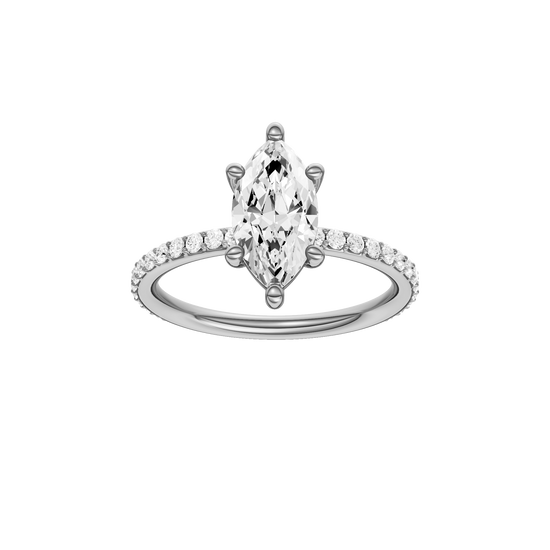 Marquise-cut diamond engagement ring with a prong-set diamond band and solitaire setting.