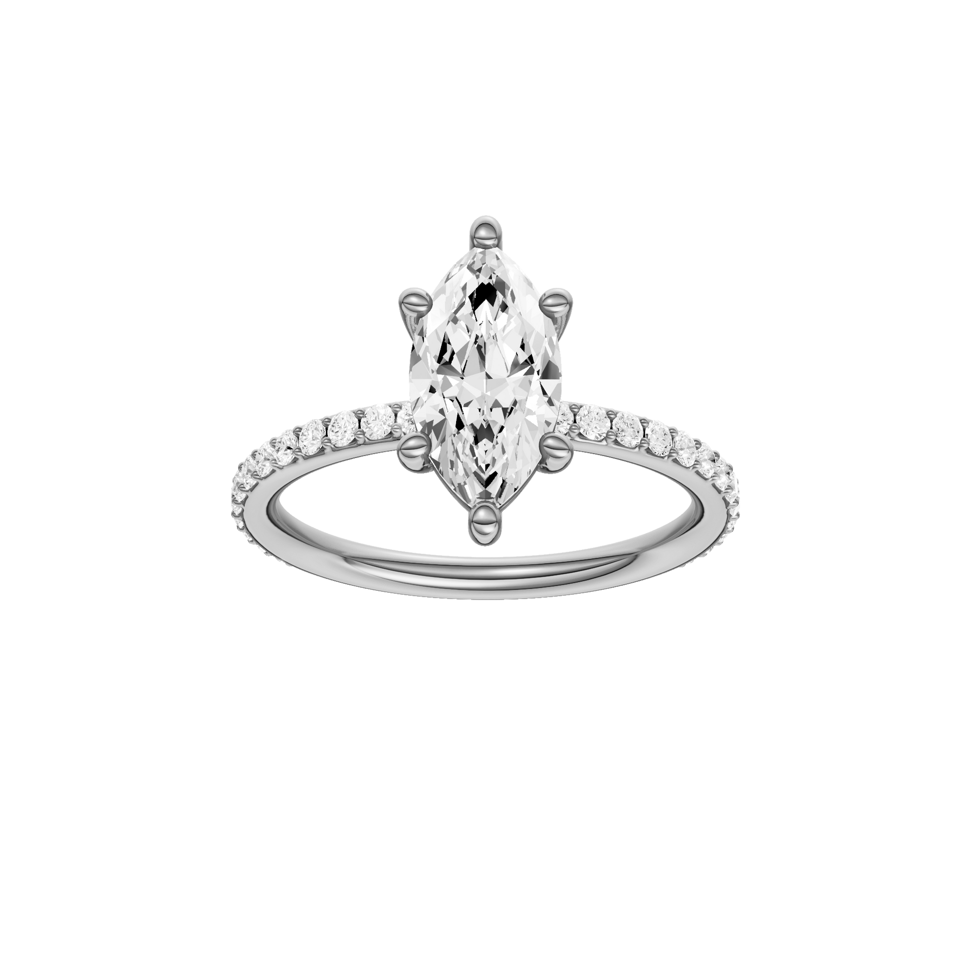 Marquise-cut diamond engagement ring with a prong-set diamond band and solitaire setting.