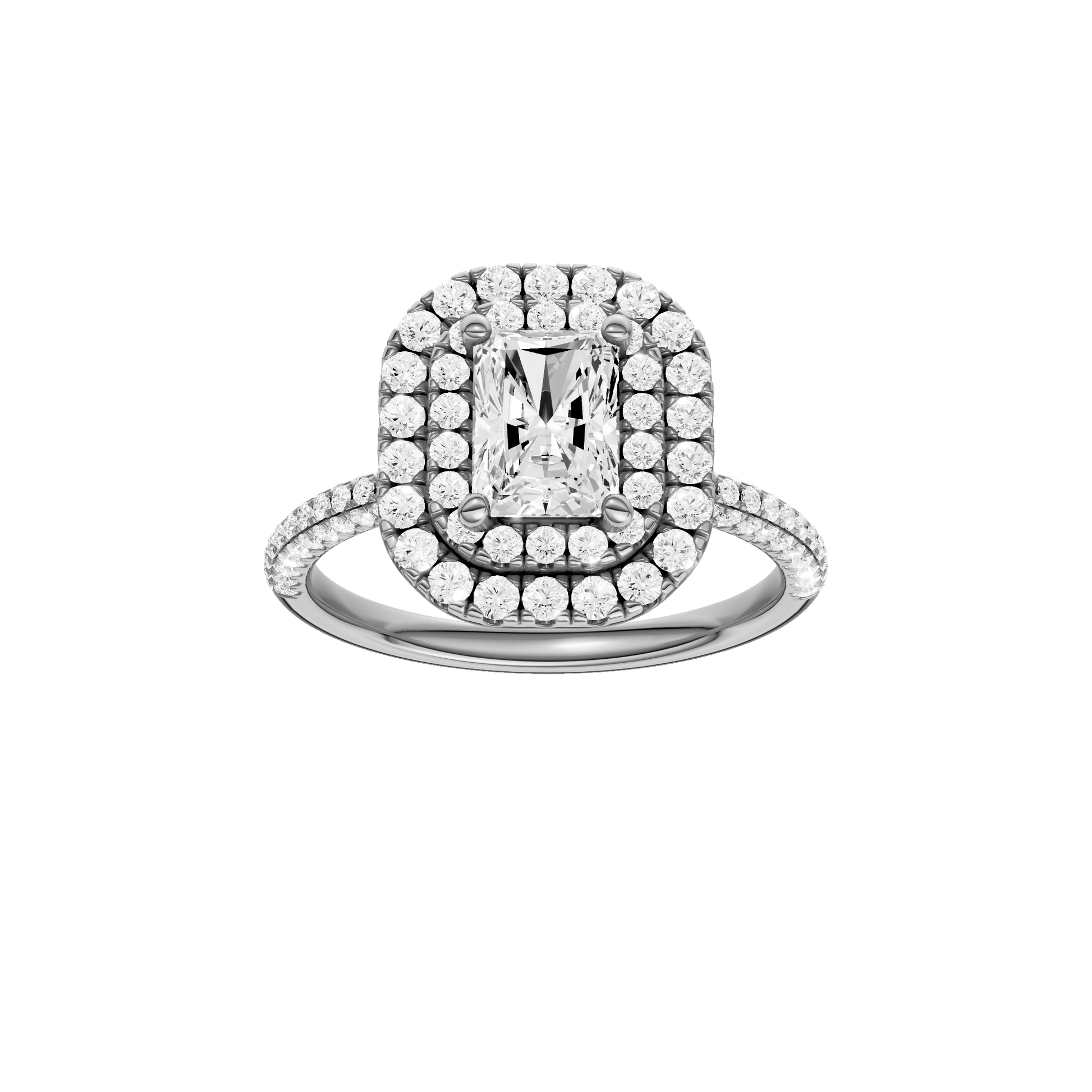 Radiant-cut diamond engagement ring with a pavé-set diamond band and double-halo setting.