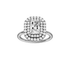 Radiant-cut diamond engagement ring with a plain band and double-halo setting.