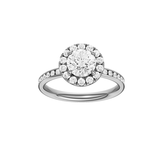 Round-cut diamond engagement ring with a channel-set diamond band and halo setting.