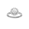 Round-cut diamond engagement ring with a channel-set diamond band and halo setting.