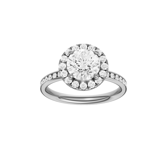 Round-cut diamond engagement ring with a channel-set diamond band and halo setting.