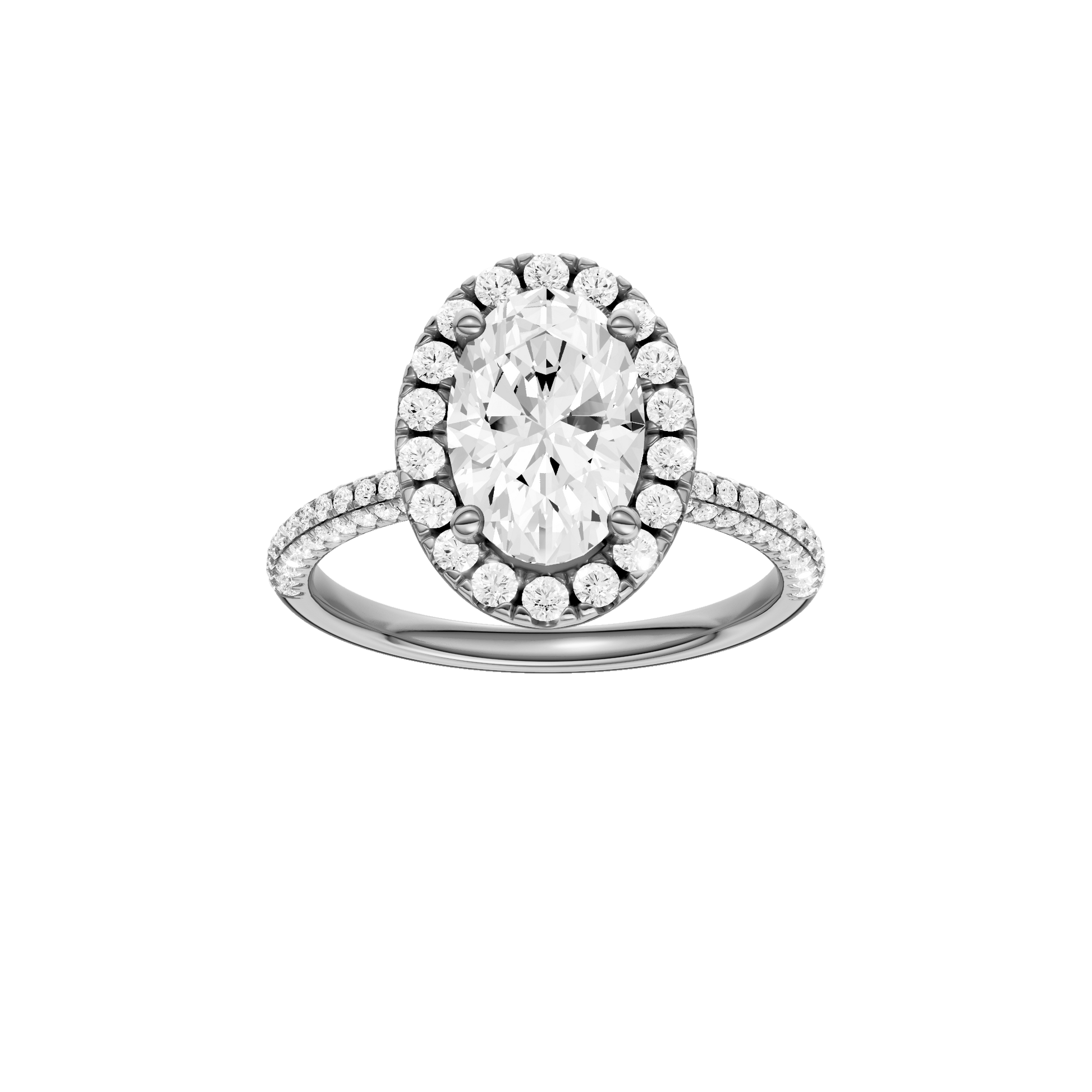 Oval-cut diamond engagement ring with a pavé-set diamond band and halo setting.