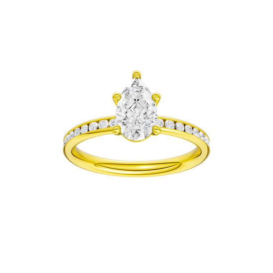 Pear-cut diamond engagement ring with a channel-set diamond band and solitaire setting.