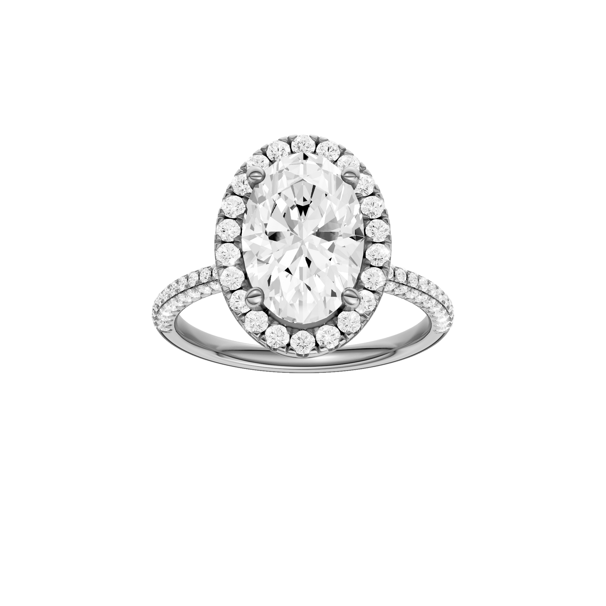 Oval-cut diamond engagement ring with a pavé-set diamond band and halo setting.