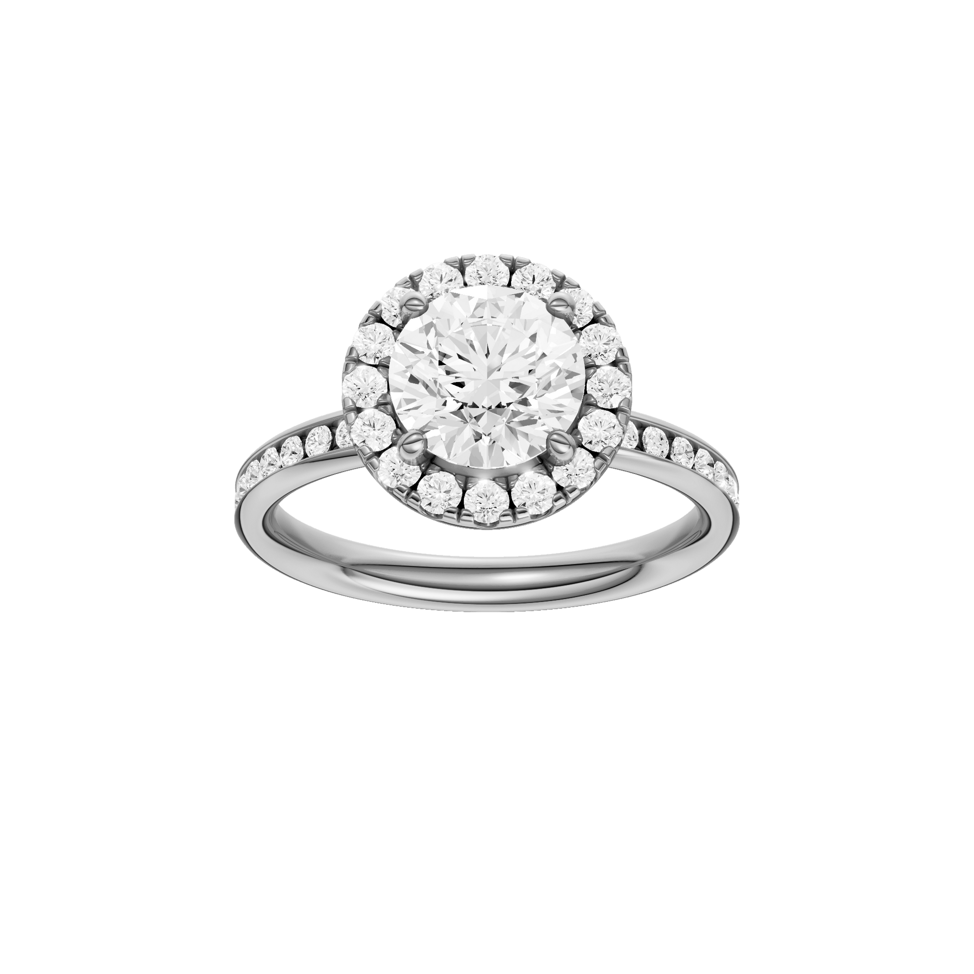 Round-cut diamond engagement ring with a channel-set diamond band and halo setting.