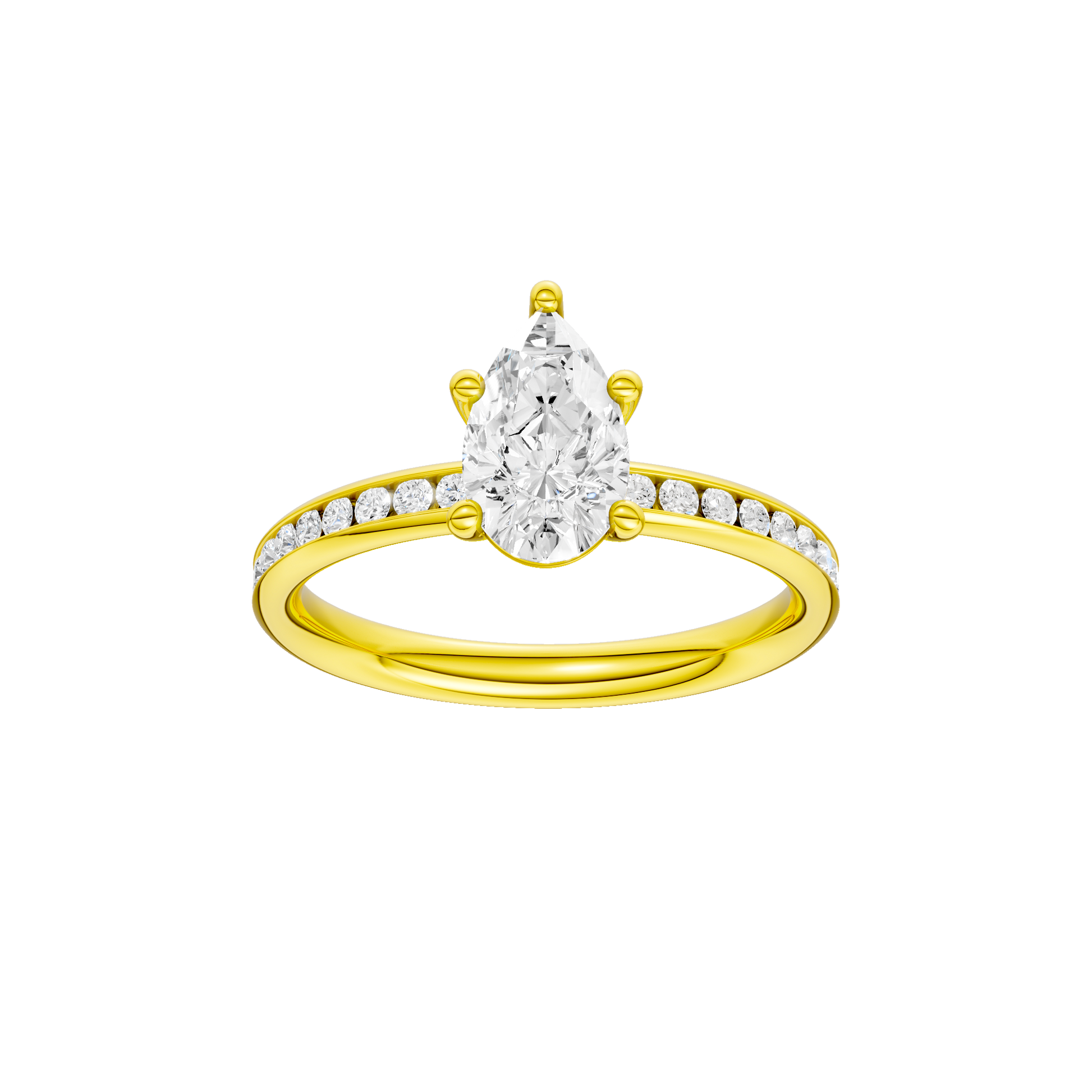 Pear-cut diamond engagement ring with a channel-set diamond band and solitaire setting.