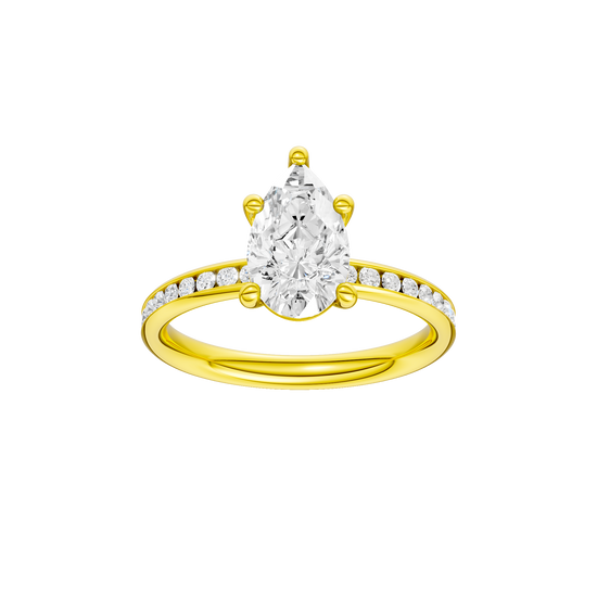 Pear-cut diamond engagement ring with a channel-set diamond band and solitaire setting.