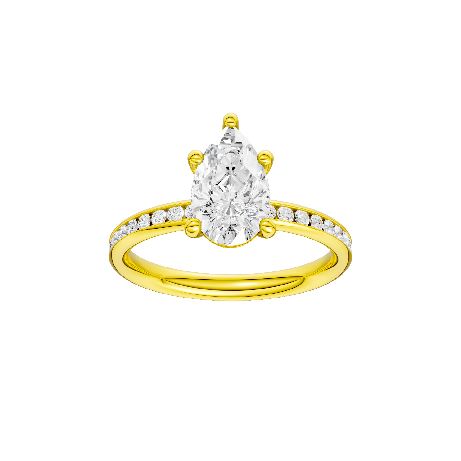 Pear-cut diamond engagement ring with a channel-set diamond band and solitaire setting.
