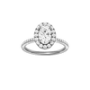Oval-cut diamond engagement ring with a pavé-set diamond band and halo setting.