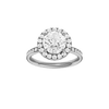 Round-cut diamond engagement ring with a channel-set diamond band and halo setting.