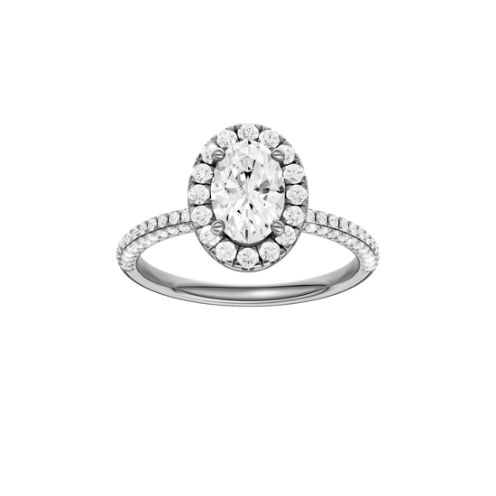 Oval-cut diamond engagement ring with a pavé-set diamond band and halo setting.