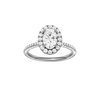Oval-cut diamond engagement ring with a pavé-set diamond band and halo setting.
