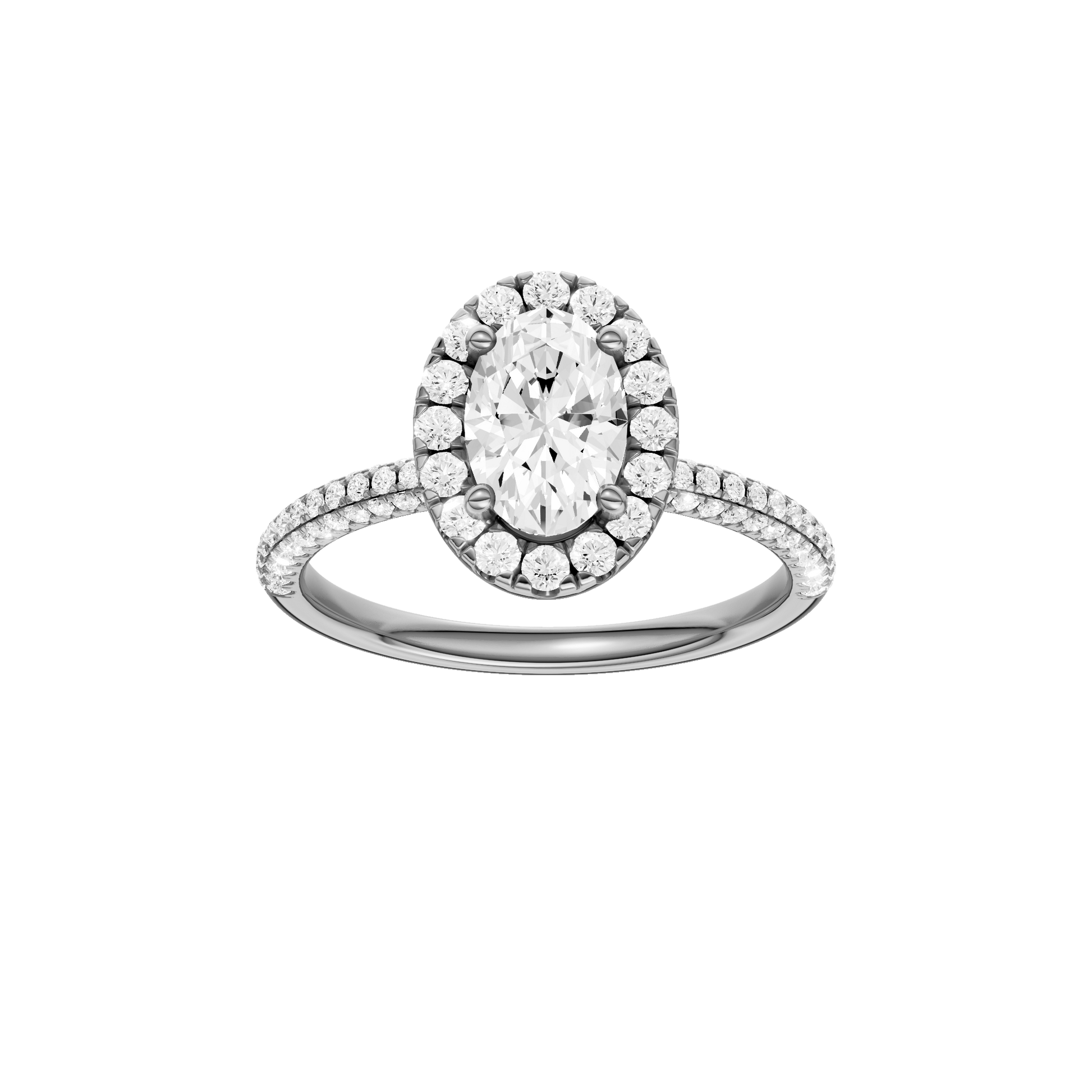 Oval-cut diamond engagement ring with a pavé-set diamond band and halo setting.