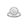 Round-cut diamond engagement ring with a channel-set diamond band and halo setting.
