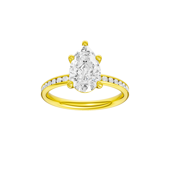 Pear-cut diamond engagement ring with a channel-set diamond band and solitaire setting.