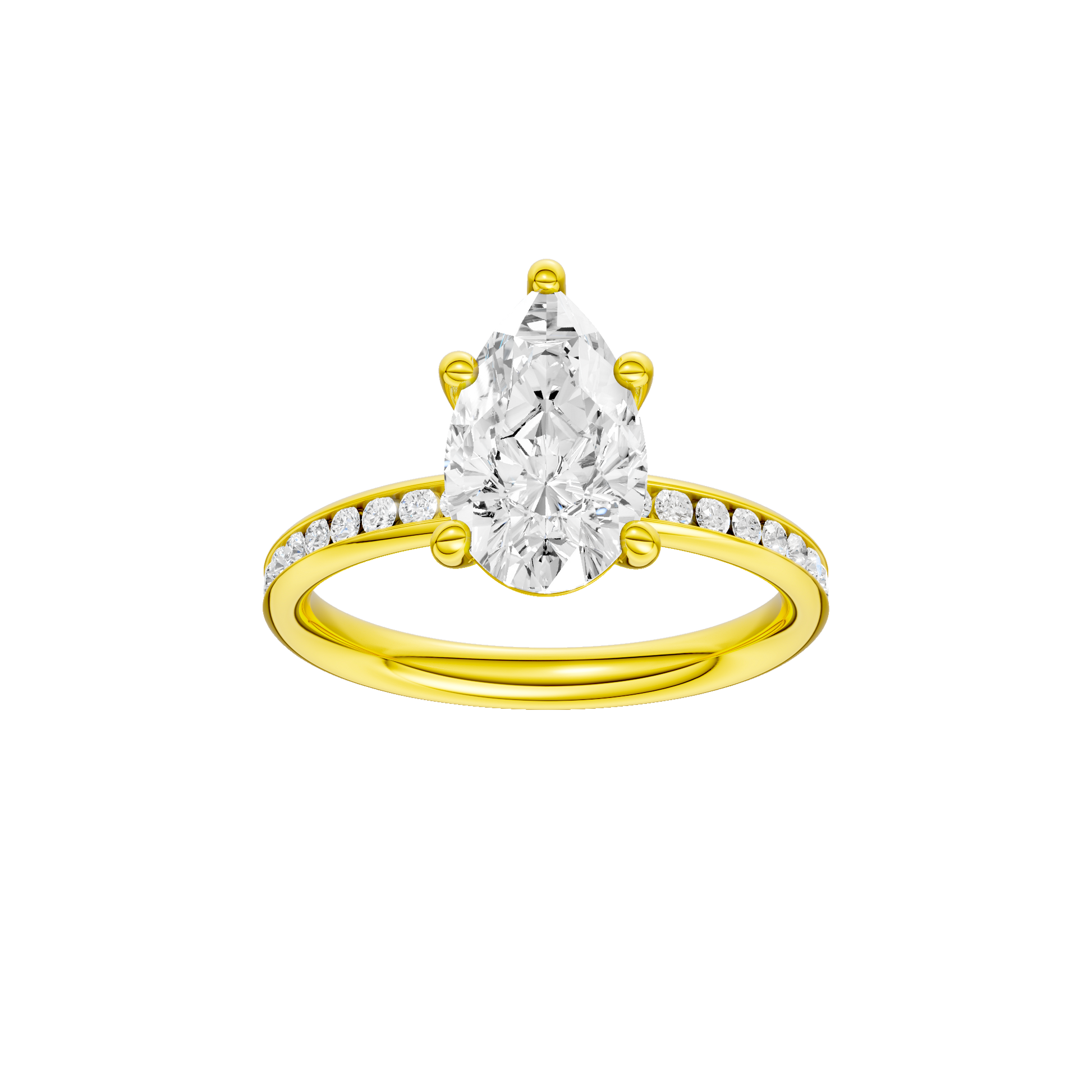 Pear-cut diamond engagement ring with a channel-set diamond band and solitaire setting.