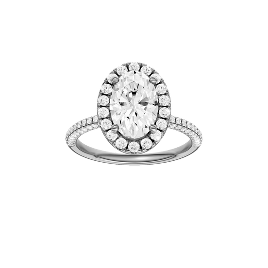 Oval-cut diamond engagement ring with a pavé-set diamond band and halo setting.