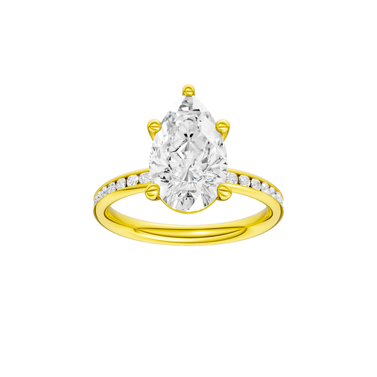 Pear-cut diamond engagement ring with a channel-set diamond band and solitaire setting.