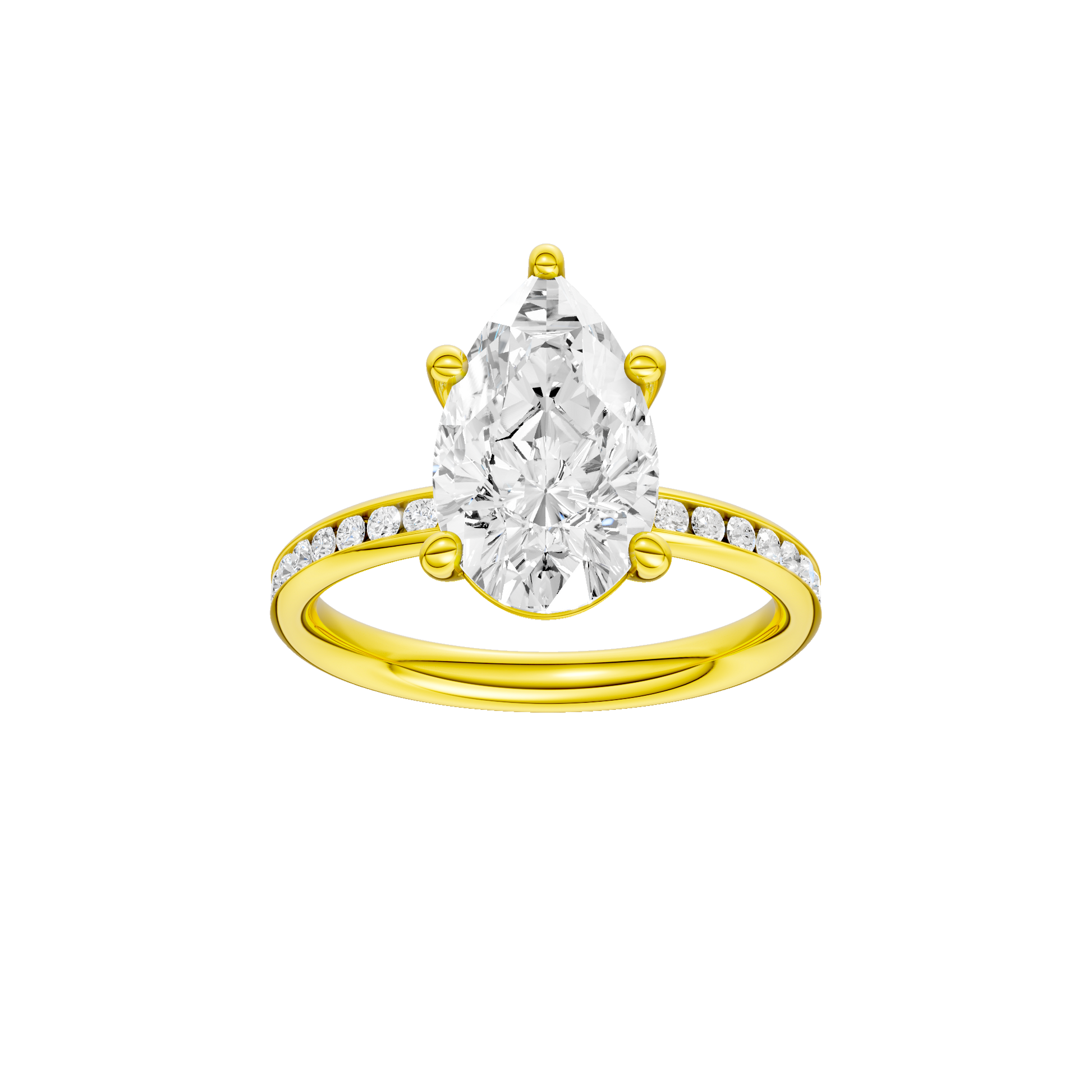 Pear-cut diamond engagement ring with a channel-set diamond band and solitaire setting.