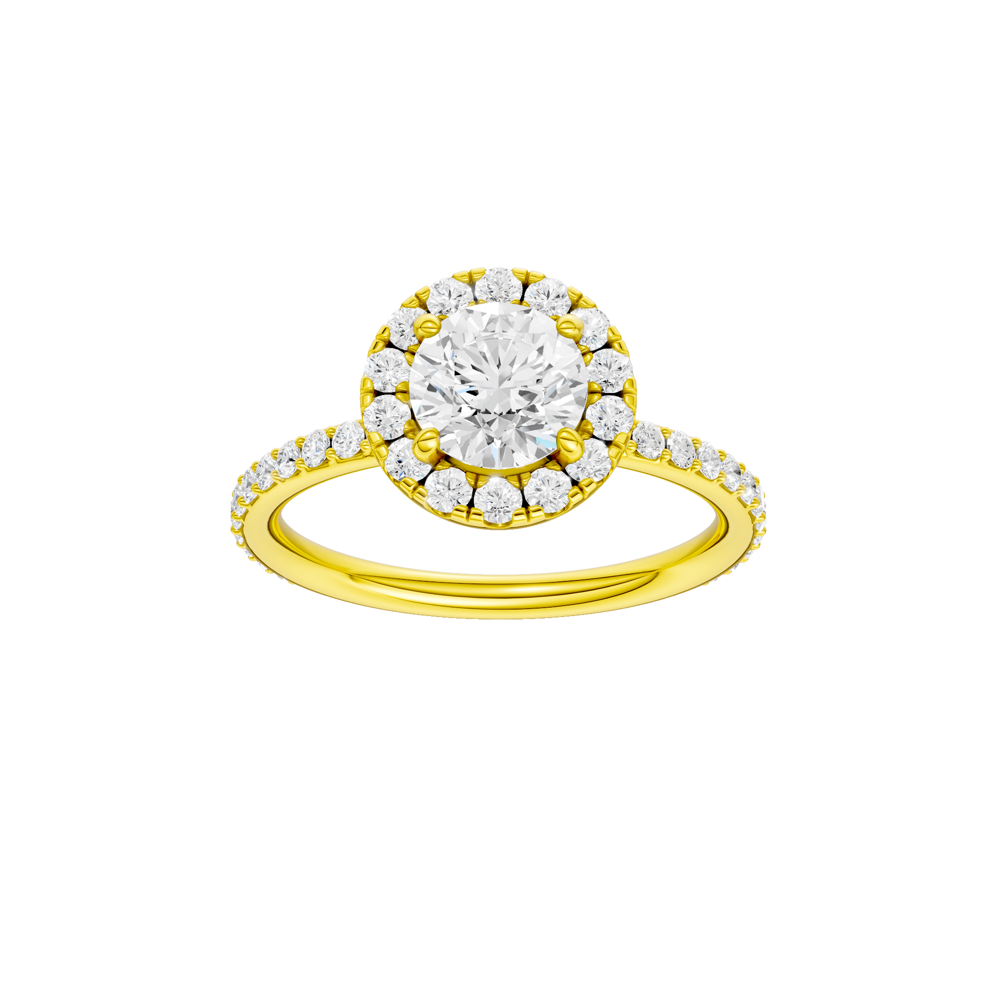 Round-cut diamond engagement ring with a prong-set diamond band and halo setting.