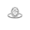 Oval-cut diamond engagement ring with a pavé-set diamond band and halo setting.