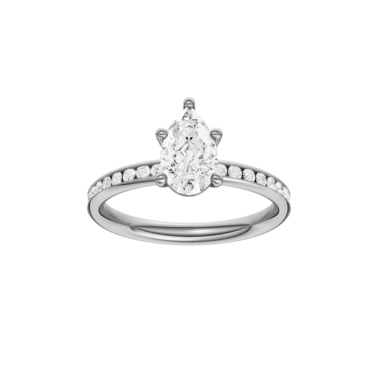Pear-cut diamond engagement ring with a channel-set diamond band and solitaire setting.