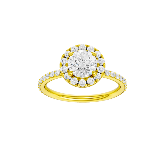 Round-cut diamond engagement ring with a prong-set diamond band and halo setting.