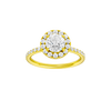 Round-cut diamond engagement ring with a prong-set diamond band and halo setting.