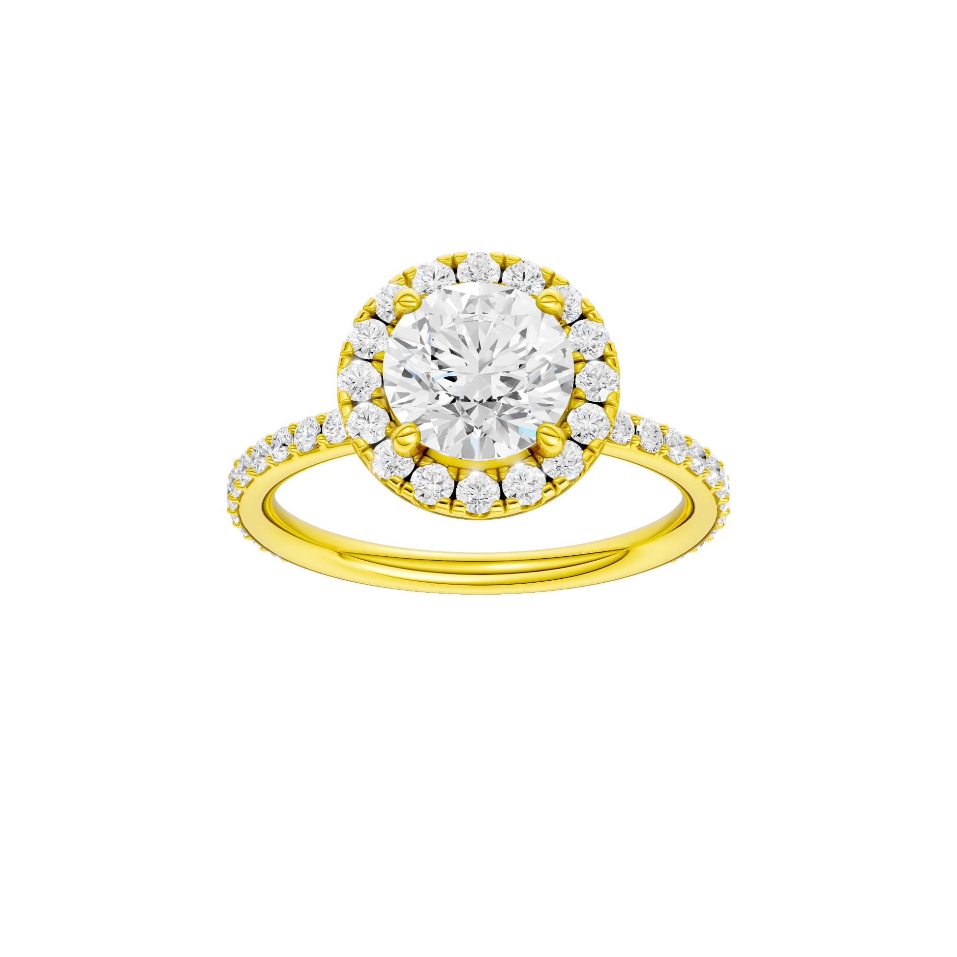 Round-cut diamond engagement ring with a prong-set diamond band and halo setting.